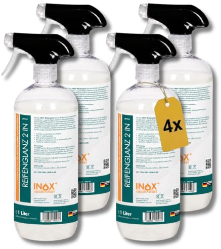 INOX Reifenglanz 4x1L, Kunststoff- & Gummipflege außen, Schwarz | Pflegt und schützt Reifen, Kunststoff und Gummi im Außenbereich. Verleiht tiefes Reifenschwarz und dauerhaften Glanz.