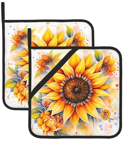 Set di presine gialle con girasole in olio, resistenti al calore, per forno e grill, essenziali per la cucina con design quadrato
