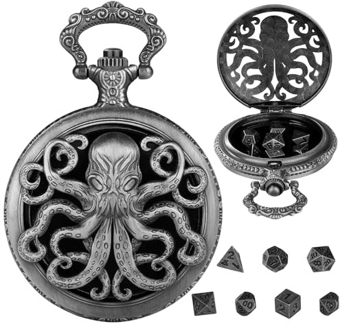 Hshenjhu Lot de Mini Dés DND, Mini Jeu de Dés DND avec Steampunk Coquille de Montre de Poche Pieuvre Creuse, Lot 7 Dés Polyédriques D&D en Métal, Accessoires de Jeux de Société de Rôle, Argent Foncé