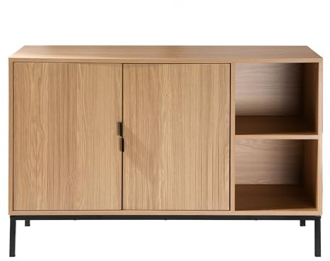Calicosy 2-door sideboard with 2 open niches, grooved wood effect, 110 cm wide - TARA