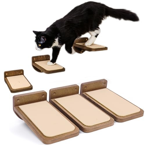 INICIO Wandtreppe für Katzen zum Klettern, Dunkelbraun, Set mit 3 Katzenwandtreppen mit Befestigungen, 23,6 x 11,9 cm, schwimmende Stufen zum Klettern oder Spielen, für Kätzchen, Erwachsene und ältere