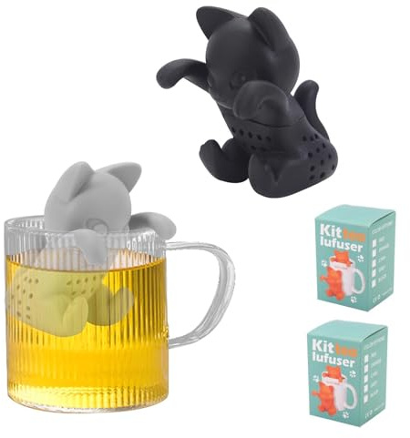HASLED 2er-Set Katzen Teesieb aus Silikon - 3D Teefilter für Loseblätter (Schwarz & Grau) - Abnehmbarer Tee-Ei für Tasse & Kanne - Hitzebeständig bis 230°C - Lustiges Teezubehör & Geschenk