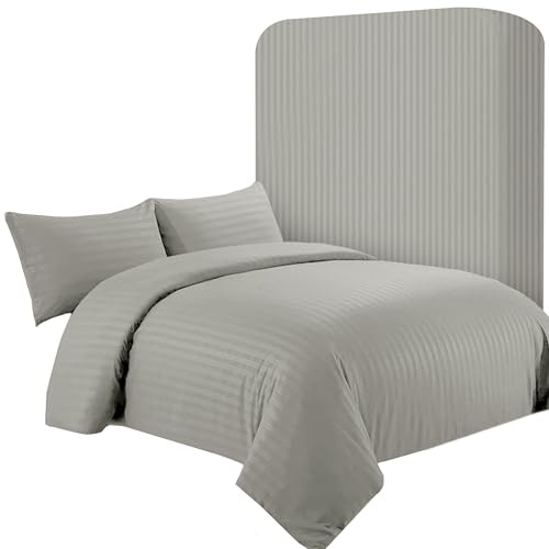 AR Ware Double Satin Stripe Duvet Cover Set – 4 Pcs Grey Soft, Hotel-Style Bedding Set with 2 Pillowcases and 1 Fitted Sheet