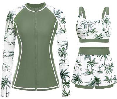 Green Palm Tree 3 Piece Rash Guard for Women - Long Sleeve Swimsuits with Shorts SPF Zip up Swim Shirt with Built in Bra S