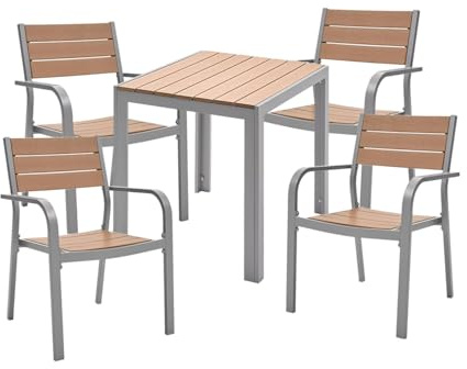 ASKON Gartengarnitur 5tlg. aus Aluminium und Non-Wood Teak-Optik, Stühle stapelbar, Sitzgarnitur mit 4 Gartenstühle mit Tisch, Poly-Holz