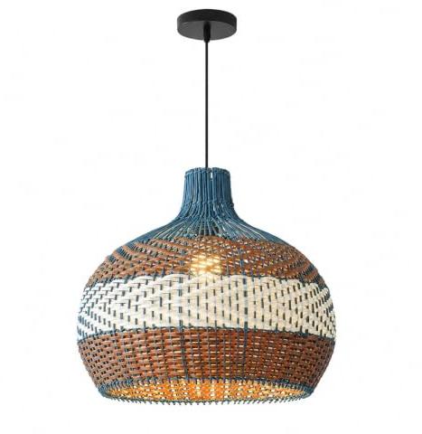 Kikioo Lampadario rustico a 1 luce in rattan, stile boho, per soggiorno, lampada a sospensione intrecciata a mano, illuminazione rustica per isola cucina e ristorante (40 cm/50 cm)