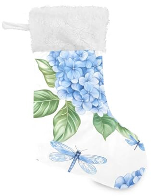 OTVEE Hydrangea Flowers and Dragonflies Pattern Christmas Stockings 1 Piece, 17.7 inches Velvet Hanging Decorations Stockings for Family Holiday Fireplace Xmas Tree Party