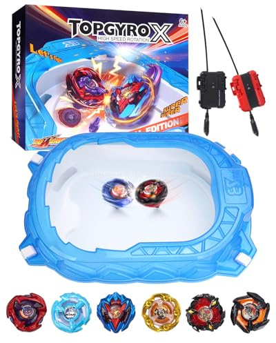 BGOVTAPO Kit de Inicio X Stadium – Arena con 6 Gyro Tops, 2 Lanzadores, Pista de Aceleración & Techo Protector. Regalo para Niños Desde 6 años