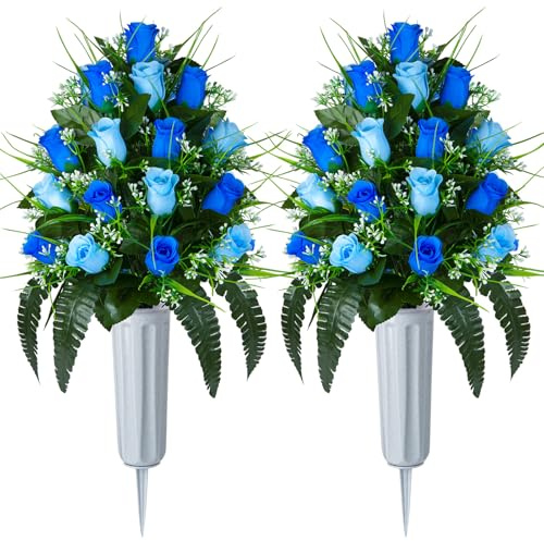 XONOR 2 Sets Artificial Cemetery Flowers, Grave Decorations Roses, Memorial Flowers Bouquet with Vase for Grave Cemetery Decoration (Dark Blue&Light Blue)