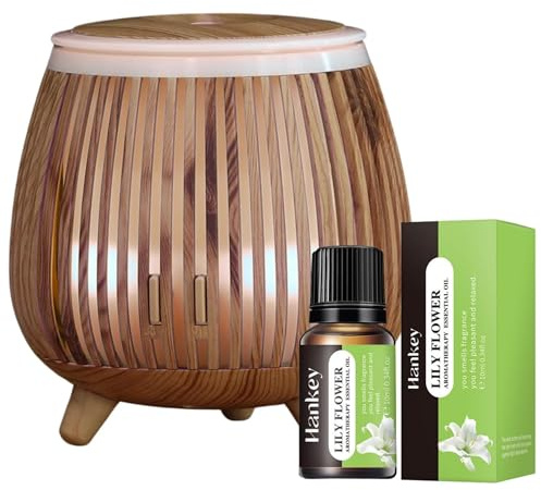 Essential Oil Diffuser 140ml & Premium Oils – Ultrasonic Cool Mist Aromatherapy Diffuser & Air Humidifier, 7 LED Lights & Timer for Home, Bedroom, Spa (Wood Grain)