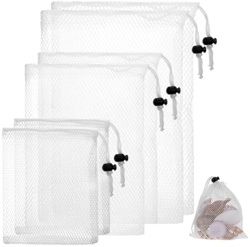 JYXNU 6 Stück Klein Netztaschen, Beutel Mit Kordelzug,Tragbare Aufbewahrungsbeutel Aus Nylon, Kleine Aufbewahrungsnetzbeutel Weiß Mesh Tasche für Reisen Spielzeug Kosmetik (3 Größen)