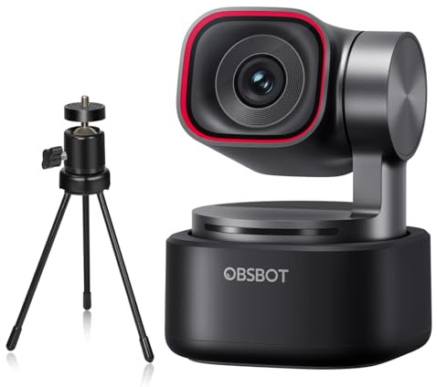 OBSBOT Tiny 3 mit Stativ, PTZ 4K-Webcam mit Spatial Audio, Tri-Mikrofon, 1/1,28-Sensor, 120 FPS DGG HDR, PC-Kamera mit KI-Tracking, Spracherkennung, PDAF, ideal für Meetings und Streaming, Usw