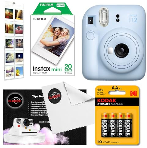 Instant Camera Bundle with Fujifilm Mini 12 Pastel Blue Camera, Fujifilm 20 Shot Mini Film, 4 x AA Batteries, Wall Album, Clikoze Lens Cloth and Instant Photography Tips Card