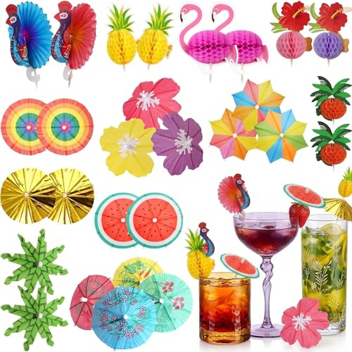 Cotabacuco 50 Piezas decoración para cóctel con sombrillitas, 12 Modelos de sombrillas de Papel con Palillos de Madera, Set Colorido de Pinchos para Fiesta con Flamenco, Pinchos para Aperitivos para