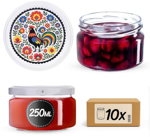 KADAX Lot de 10 petits pots à confiture de 250 ml avec couvercle, bocaux hermétiques à offrir, mini bocaux pour miel et épices (coq)