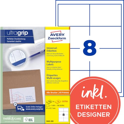 AVERY Zweckform 3660-200 Universal Etiketten (1.600 plus 160 Klebeetiketten extra, 97x67,7mm auf A4, bedruckbare Versandetiketten, selbstklebende Versandaufkleber mit ultragrip) 220 Blatt, weiß