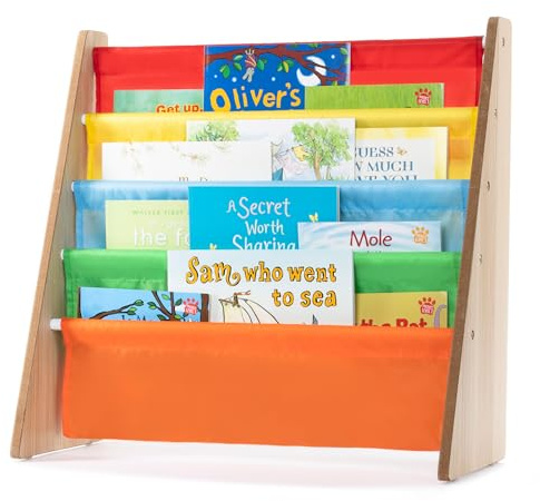 LIVIVO Colorful Kids Bookshelf - 4 Tier Children's Bookcase, Magazine and Book Storage Rack, Wooden Sling Book Organizer, Book Shelf for Kids Room, Bedroom, Nursery, Playroom (Multi-colour)