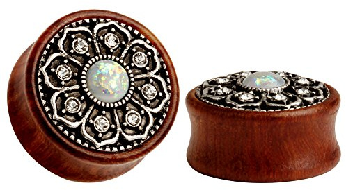 KUBOOZ (1 Paar Vintage Holz Opal Center Blume Ohrstöpsel Tunnel Messgeräte Keil Piercings.