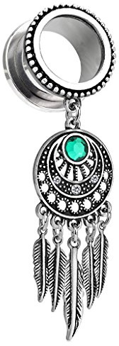 Piersando Flesh Tunnel Ohr Plug Piercing Edelstahl Vintage Antik Silber mit Traumfänger Feder Anhänger Strass Kristall Türkis 5mm