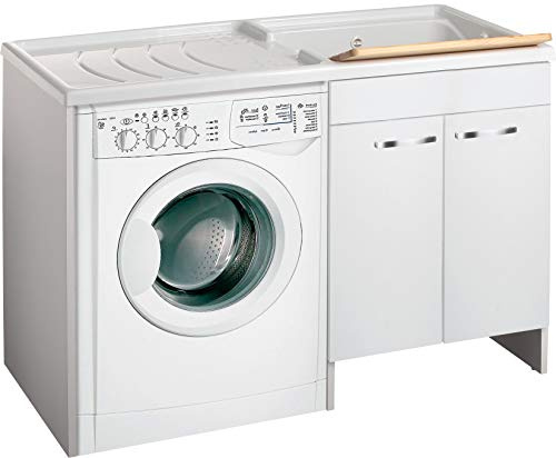 Negrari Classica Lavatoio Coprilavatrice Montato Vasca Destra Lavatrice Sinistra Bianco Anta Battente Cerniere Chiusura Rallentata Mobile Lavabo Polipropilene Asse Pino Interno L124 P60 124x60 H92 cm