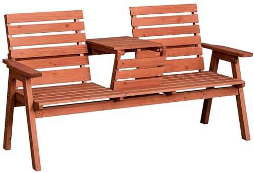 Outsunny 2 Seater Wooden Garden Bench with Convertible Middle Table, Outdoor Three-Seater Bench for Patio, Park, Porch and Yard, Red