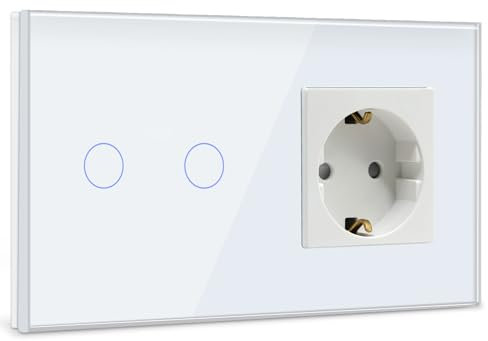 BSEED Interruttore touch con presa a LED, 2 ingressi, 1 via, interruttore da parete con presa a incasso, interruttore touch screen con cornice in vetro bianco (carico massimo: 3-500 W)