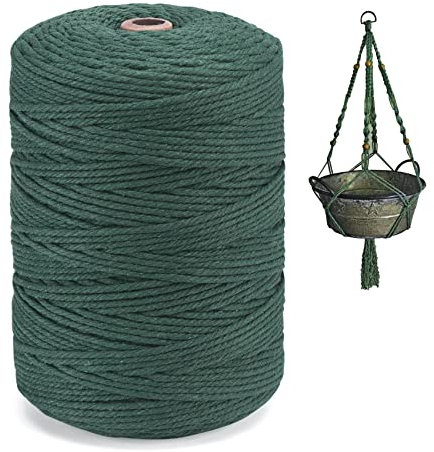 Homewit Makramee Baumwolle Garn 3 mm x 300 m,Weihnachtsgrün Natürliche Baumwollgarn Kordel-Strickarbeiten Kettgarn Baumwollschnur für Dekorative Projekte, Pflanzenhänger - Dunkel Grün