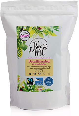 Fairtrade Organic Decaf Ground Coffee 200g - Ideal For French Press Cafetiere Filter Drip V60 Aeropress - Swiss Water Decaffeinated Process - Bird & Wild - Donation to RSPB - Strength 3