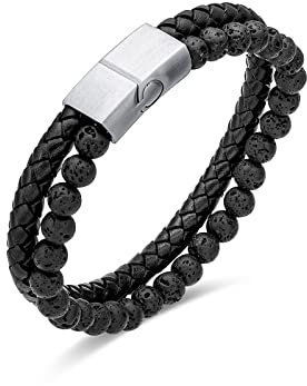 FANCIME Herren Echtleder Doppelschicht Armband Lava Rock Stein Perlen Geflochtene mit Edelstahl Magnet Verschluss Schmuck Männer Junge Vater - Länge 21 cm