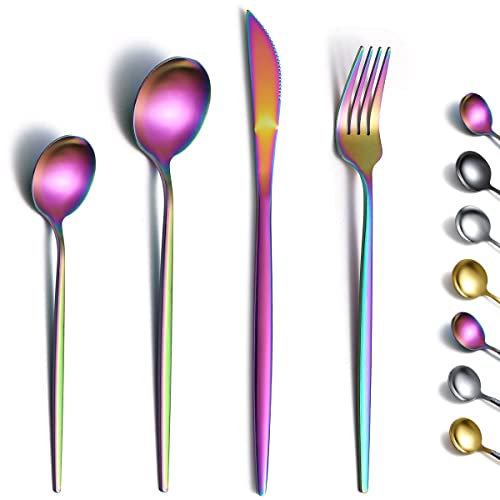 Kyraton Rainbow Cutlery Set 24 Pieces, Stainless Steel Flatware Set, Titanium Plating Rainbow Silverware Set Strong Anti Rust, Dishwasher Safe, Tableware Set Serving 6 People.