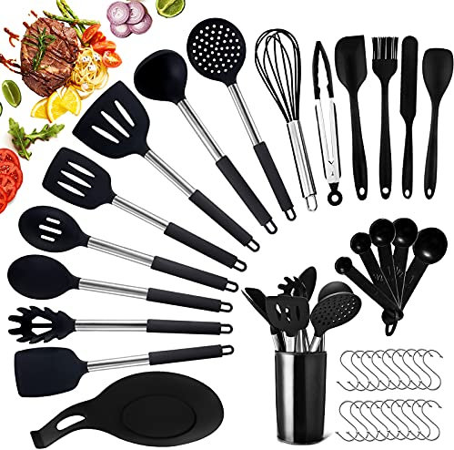 JOYBOY Utensilios Cocina de Silicona,37 Piezas uego de Utensilios de Cocina,Resistente al Calor,Antiadherente y Resistente a los Arañazos,sin BPA Acero Inoxidable Accesorios Cocina