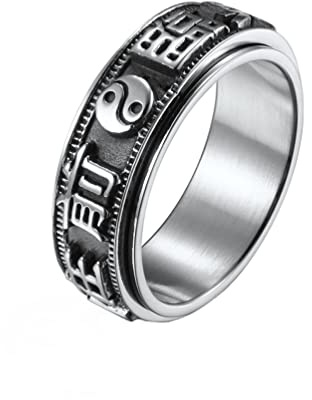 PAMTIER Herren Drehbarer Ring Rostfreier Stahl Taoistisches Mantra mit Neun Zeichen im Retro-Stil im Chinesischen Stil