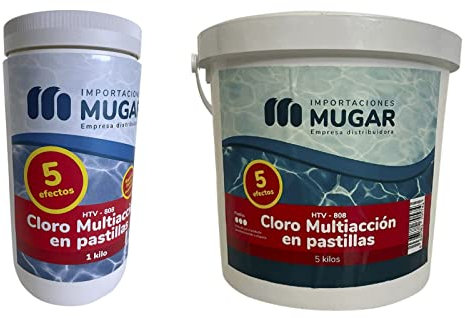 MUGAR- Cloro 5 ACCIONES para Piscinas en Pastillas 5 Efectos. Desinfectante/alguicida/floculante/antical/mantenedor de pH En envases de 1kg o 5kg. (5kg)