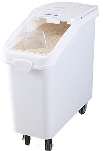 110 lbs Extra Large Mobile Rice Dispenser White Plastic, Food Grade Sealable Standing Cereal Storage Bucket, Small Space Kitchen