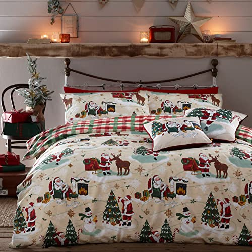 furn Jolly Santa Christmas Duvet Cover Set - Festive Bedding Holiday Décor (Cream/Red - Double)