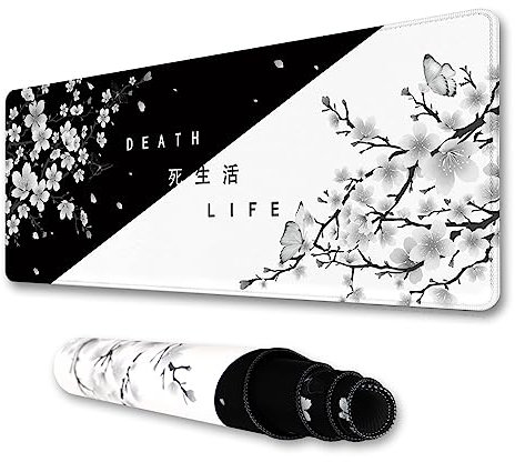 IF FEEL Tapis de souris motif fleurs de cerisier noir et blanc, tapis de souris Yin et Yang, grand sous-main de bureau XL, tapis de souris Sakura japonais étendu, tapis de clavier imperméable et