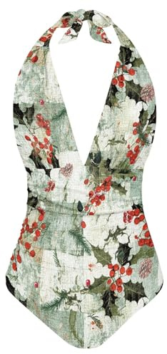 Photinia Arbutifolia Print Pluz-Size Women's Swimsuit Halter 1 Piece Swimwear for Women One Piece Bathing Suit