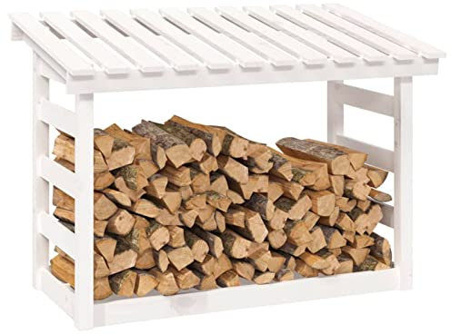 Homgoday Portalegna da Ardere, Portalegna da Interno Bianco 108x64,5x78 cm in Legno Massello di Pino, Porta Legna per Camino, Legnaia da Interno, Camino da Esterno Impilabile Stufa Ripiano Legno