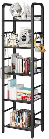 YMYNY Standregal, Bücherregal, Lagerregal mit 5 Ebenen, 8 Stück S Haken, Metallrahmen, freistehend, minimalistischer Stil, Organiser für Wohnzimmer, Home Office, Schlafzimmer, Schwarz HBC055B