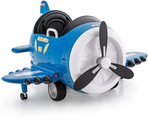 COSTWAY Kids Electric Ride on Car, 12V Battery Powered Airplane Toy with Joysticks, Remote Control, Folding Airfoils, Rotary Propeller, Lights, Sounds, Gift for Aged 3+ Years Old (Blue + White)