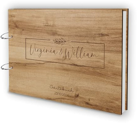 Manschin-Laserdesign Holz Gästebuch Love Hochzeit Echtholz mit individueller Lasergravur | 50 Blätter (100 Seiten) | DIN A4 |