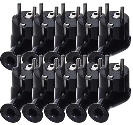 KEL 10 Stück Winkelstecker uni-schuko, 16A/230V, gewinkelt und abnehmbar, 2 P + Z schuko schwarz - praktischer, abnehmbarer und gebogener schuko-stecker, eurostecker, ideal für verlängerungskabel