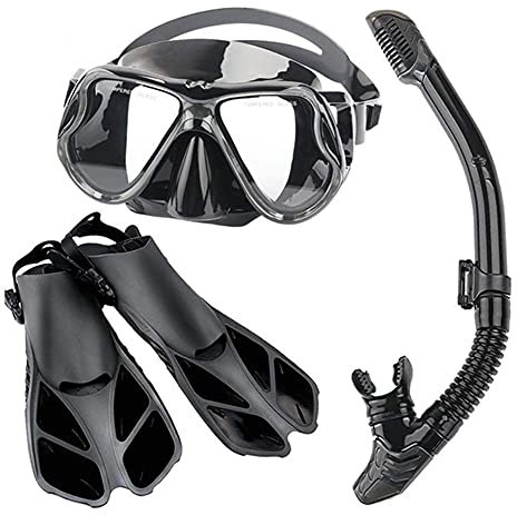 ISCBAFYX Vollgesichts-Schnorchel-Set mit Panorama-Brille, beschlagfrei und auslaufsicher, verstellbare Flossen zum Schwimmen und Tauchen