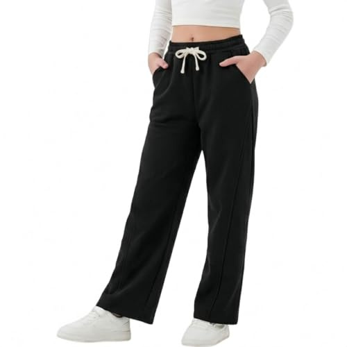 Rolanko Pantaloni da Tuta Elasticizzati per Ragazze, Pantaloni Sportivi Larghi per Il Comfort Quotidiano, Nero, Taglia: 160, 11-12 Anni