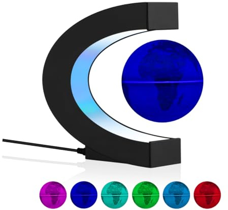 Vnemofey C-Shape Floating Earth Globe with LED Lights, Levitating Globes World Map, Magnetic Levitation Rotating Display Stand for Home and Office Desk Decor Gadget, Birthday Gift