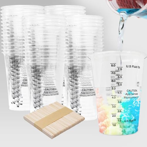 50 Pcs Vaso Medidor—240 ml (8 oz)—Jarra Medidora Plastico Desechables con Palos Helado—Measuring Cups—Paleta Pintura—Perfecto para Accesorios en Resina Epoxi—¡Manualidades de precisión simplificadas!