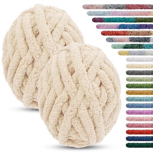 LEREATI 2 x 25.6m Pelote Laine Grosse Maille 2cm Fil Laine Chenille Crochet Grosse Laine à Tricoter à la Main Laine Velours pour Couvertures Lit pour Animaux Écharpes Chapeaux (Beige)