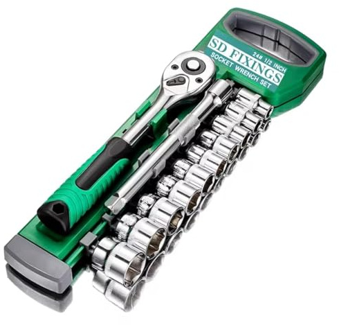 SDFIXINGS 12pcs Metric Socket Drive Set 8-24mm with Quick Release 1/2 Drive Ratchet Wrench 24 Teeth & 5 Extension Bar, High Grade Chrome Vanadium Steel, Rust Resistant, Car Garage Mechanic Home DIY