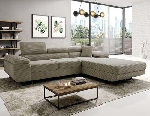 Easy4You Ecksofa NORBERG Kord L-Form Beige – 279x72x205 cm - Schlafsofa mit Bettkasten und Schlaffunktion - Eckcouch mit Stauraum – Rechts – Stoff Kord POSO 92