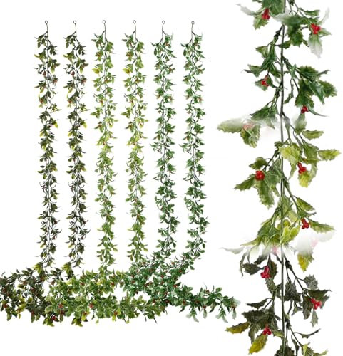 PENGYEE 6 Pack 5.57ft Artificial Christmas Garlands, Xmas Holly Leaves and Red Berries, Artificial Greenery Garlands for Christmas Decorations Fireplace Winter Newyear Decor
